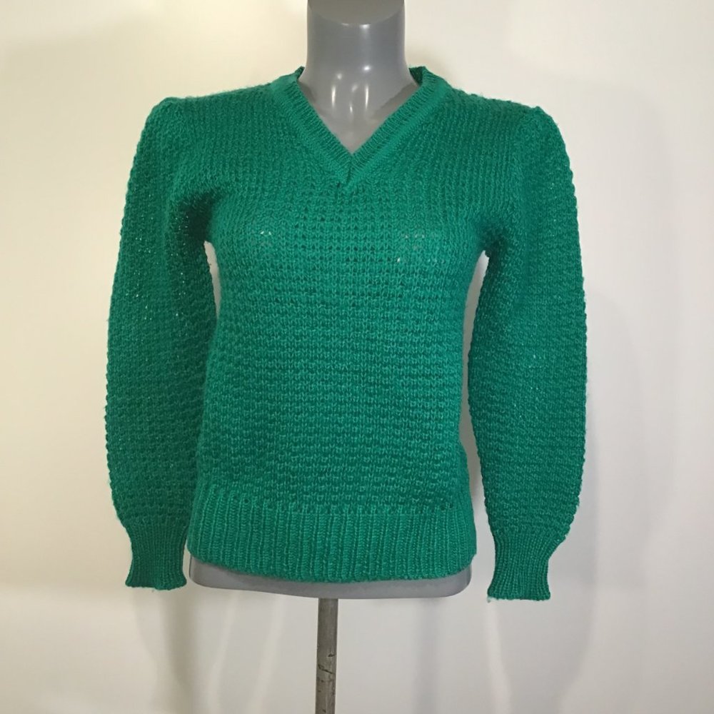 Dominique Emerald Green Balloon Sleeve V-Neck Sweater